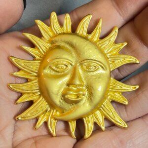 Sun Face Brooch Fangao Gold Tone Celestial Sunburst Statement Pin 2"